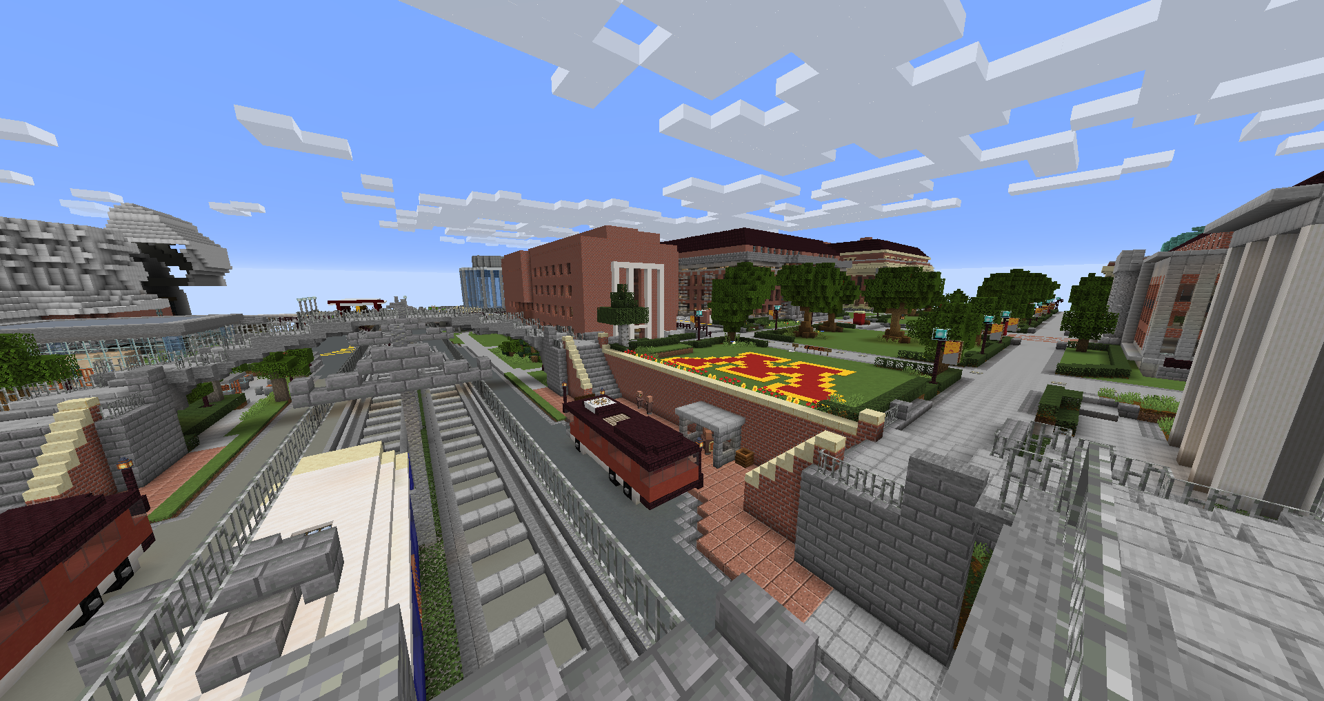 Figure 3 A screenshot of the video game Minecraft. Visible is a built-up area acting as a mockup of the University of Minnesota Twin-Cities central campus.