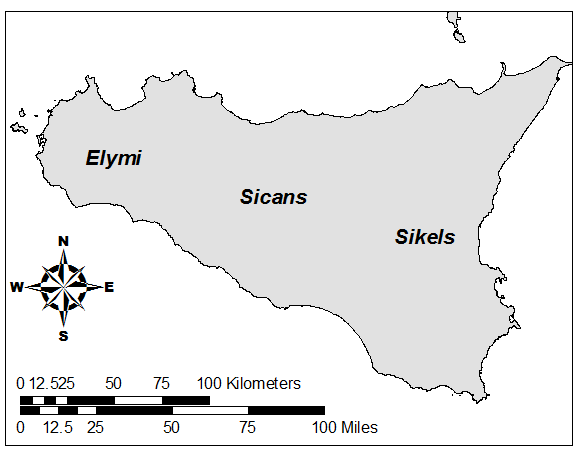 The island of Sicily, labeled with “Elymi” in the West, “Sicans” in the center, and “Sikels” on the Eastern coast.