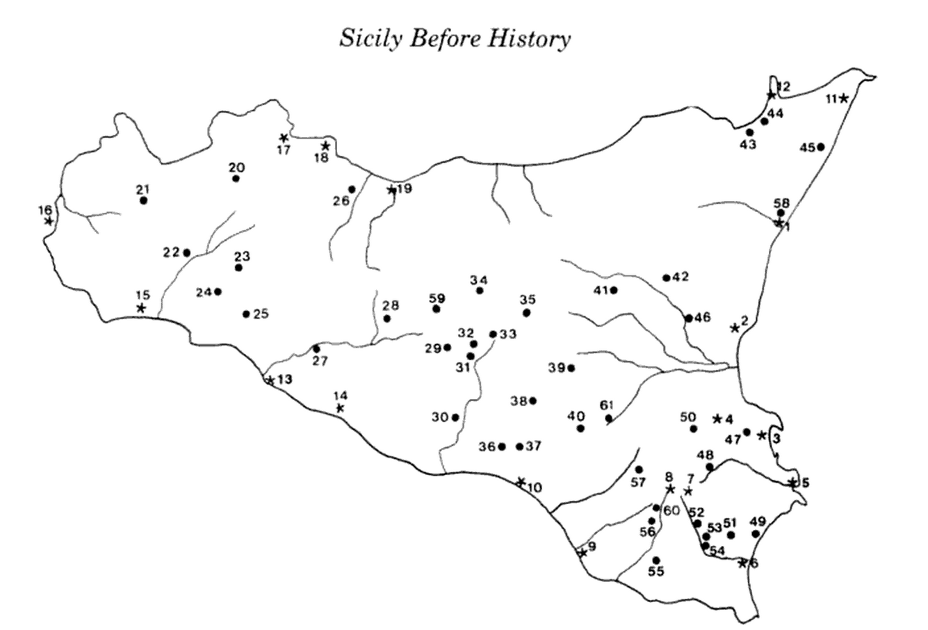 Map of the island of Sicily, pockmarked by numbered dots and stars, most dense in the southeastern corner of the island.